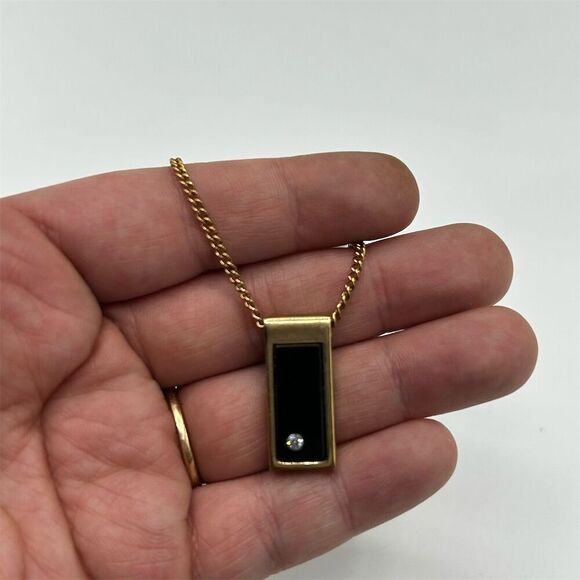 Vintage Avon Gold Tone & Black Rhinestone Pendant Necklace Adjustable - Picture 2 of 3